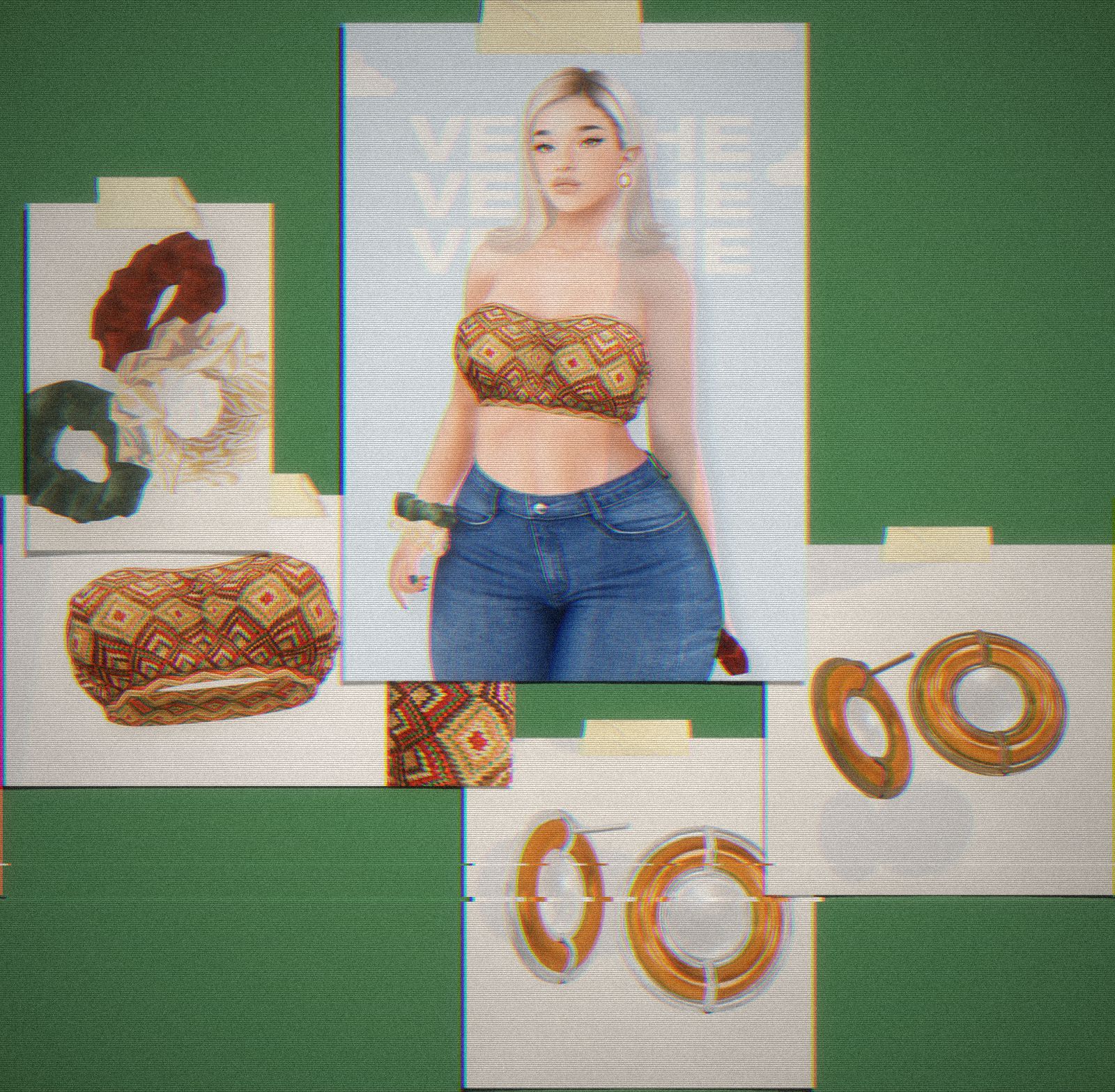 A Vershe moodboard render with an avatar, accessories and earrings